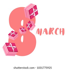 Greeting card for March 8. International Women's Day. Gift, gift box, bow, abstraction, vector illustration.