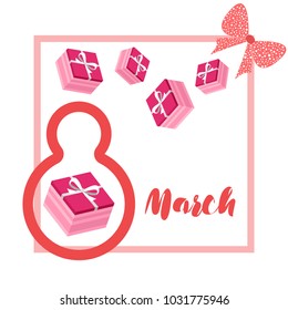 Greeting card for March 8. International Women's Day. Gift, gift box, bow, abstraction, vector illustration.