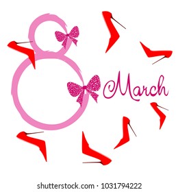 Greeting card for March 8. International Women's Day. Women's shoes, high heels, abstraction, vector illustration.