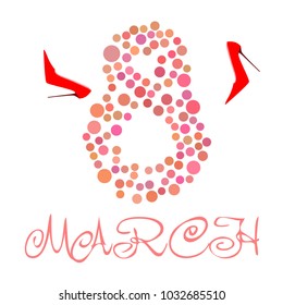 Greeting card for March 8. International Women's Day. Women's shoes, high heels, abstraction, vector illustration.