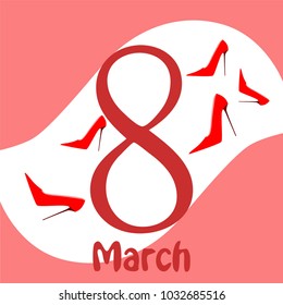 Greeting card for March 8. International Women's Day. Women's shoes, high heels, abstraction, vector illustration.