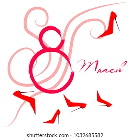 Greeting card for March 8. International Women's Day. Women's shoes, high heels, abstraction, vector illustration.