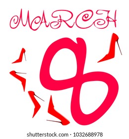 Greeting card for March 8. International Women's Day. Women's shoes, high heels, abstraction, vector illustration.