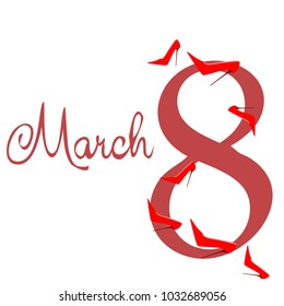 Greeting card for March 8. International Women's Day. Women's shoes, high heels, abstraction, vector illustration.