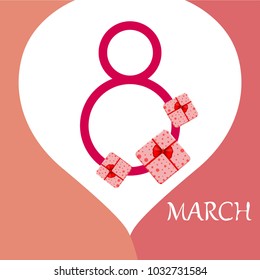 Greeting card for March 8. International Women's Day. Gift, gift box, bow, abstraction, vector illustration.