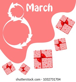 Greeting card for March 8. International Women's Day. Gift, gift box, bow, abstraction, vector illustration.