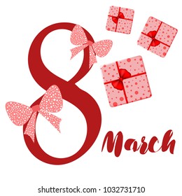 Greeting card for March 8. International Women's Day. Gift, gift box, bow, abstraction, vector illustration.