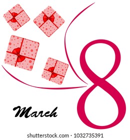 Greeting card for March 8. International Women's Day. Gift, gift box, bow, abstraction, vector illustration.