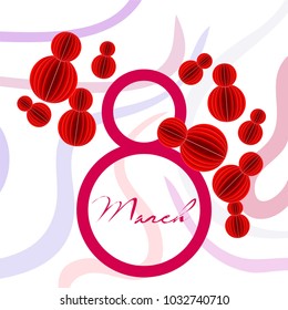Greeting card for March 8. International Women's Day. Eight, figure, paper, abstraction, vector illustration.