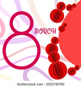 Greeting card for March 8. International Women's Day. Eight, figure, paper, abstraction, vector illustration.