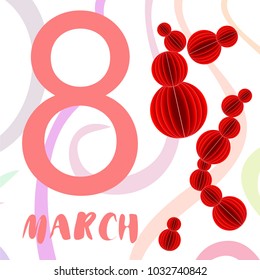 Greeting card for March 8. International Women's Day. Eight, figure, paper, abstraction, vector illustration.