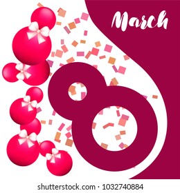 Greeting card for March 8. International Women's Day. Eight, figure, sphere, atrass bow, abstraction, vector illustration.