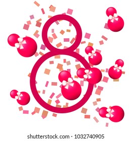 Greeting card for March 8. International Women's Day. Eight, figure, sphere, atrass bow, abstraction, vector illustration.