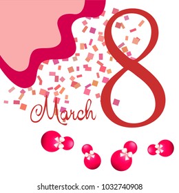 Greeting card for March 8. International Women's Day. Eight, figure, sphere, atrass bow, abstraction, vector illustration.
