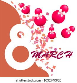 Greeting card for March 8. International Women's Day. Eight, figure, sphere, atrass bow, abstraction, vector illustration.