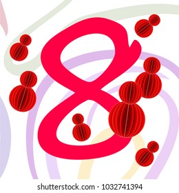 Greeting card for March 8. International Women's Day. Eight, figure, paper, abstraction, vector illustration.