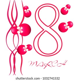 Greeting card for March 8. International Women's Day. Eight, figure, sphere, atrass bow, abstraction, vector illustration.