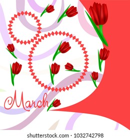 Greeting card for March 8. International Women's Day. Tulip, fresh flowers, abstraction, vector illustration.