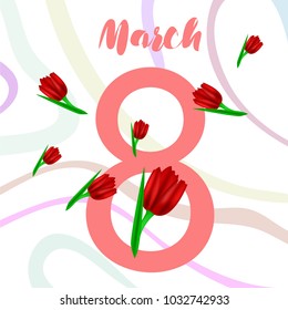 Greeting card for March 8. International Women's Day. Tulip, fresh flowers, abstraction, vector illustration.