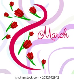 Greeting card for March 8. International Women's Day. Tulip, fresh flowers, abstraction, vector illustration.