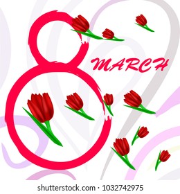 Greeting card for March 8. International Women's Day. Tulip, fresh flowers, abstraction, vector illustration.