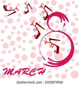 Greeting card for March 8. International Women's Day. Women's shoes, high heels, abstraction, vector illustration.