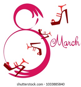 Greeting card for March 8. International Women's Day. Women's shoes, high heels, abstraction, vector illustration.