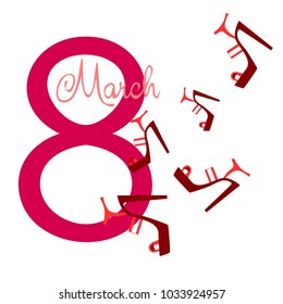 Greeting card for March 8. International Women's Day. Women's shoes, high heels, abstraction, vector illustration.