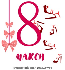 Greeting card for March 8. International Women's Day. Women's shoes, high heels, abstraction, vector illustration.