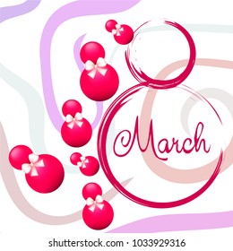 Greeting card for March 8. International Women's Day. Eight, figure, sphere, atrass bow, abstraction, vector illustration.