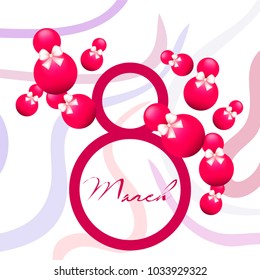 Greeting card for March 8. International Women's Day. Eight, figure, sphere, atrass bow, abstraction, vector illustration.