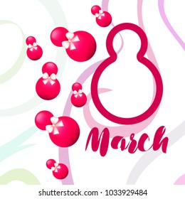 Greeting card for March 8. International Women's Day. Eight, figure, sphere, atrass bow, abstraction, vector illustration.