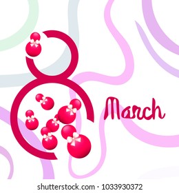 Greeting card for March 8. International Women's Day. Eight, figure, sphere, atrass bow, abstraction, vector illustration.