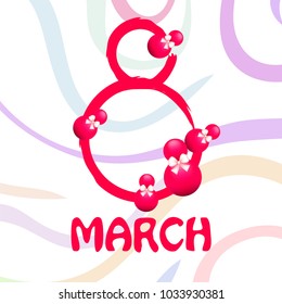 Greeting card for March 8. International Women's Day. Eight, figure, sphere, atrass bow, abstraction, vector illustration.