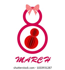 Greeting card for March 8. International Women's Day. Eight, figure, paper, abstraction, vector illustration.