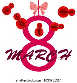 Greeting card for March 8. International Women's Day. Eight, figure, paper, abstraction, vector illustration.