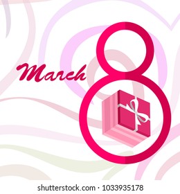 Greeting card for March 8. International Women's Day. Gift, gift box, bow, abstraction, vector illustration.
