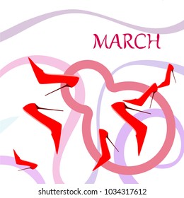 Greeting card for March 8. International Women's Day. Women's shoes, high heels, abstraction, vector illustration.