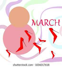 Greeting card for March 8. International Women's Day. Women's shoes, high heels, abstraction, vector illustration.