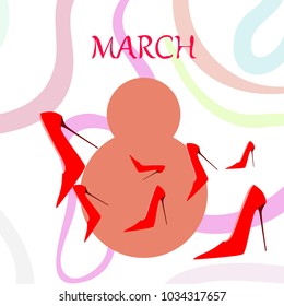 Greeting card for March 8. International Women's Day. Women's shoes, high heels, abstraction, vector illustration.