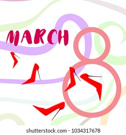 Greeting card for March 8. International Women's Day. Women's shoes, high heels, abstraction, vector illustration.