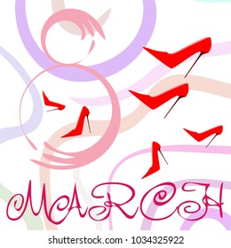 Greeting card for March 8. International Women's Day. Women's shoes, high heels, abstraction, vector illustration.