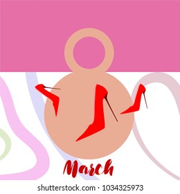 Greeting card for March 8. International Women's Day. Women's shoes, high heels, abstraction, vector illustration.