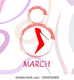 Greeting card for March 8. International Women's Day. Women's shoes, high heels, abstraction, vector illustration.