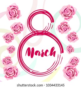 Greeting card for March 8. International Women's Day. Roses, fresh flowers, abstraction, vector illustration.