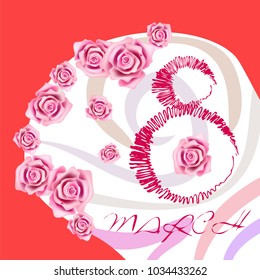 Greeting card for March 8. International Women's Day. Roses, fresh flowers, abstraction, vector illustration.