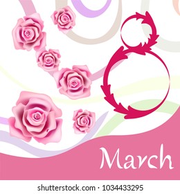 Greeting card for March 8. International Women's Day. Roses, fresh flowers, abstraction, vector illustration.