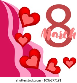 Greeting card for March 8. International Women's Day. Red heart, abstraction, vector illustration.