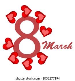 Greeting card for March 8. International Women's Day. Red heart, abstraction, vector illustration.