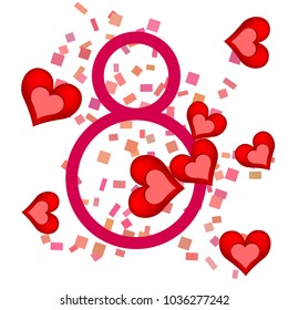 Greeting card for March 8. International Women's Day. Red heart, abstraction, vector illustration.